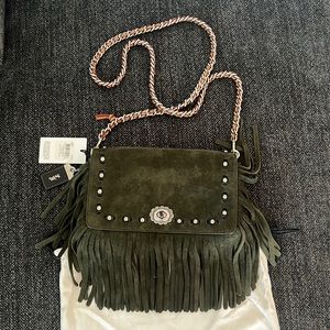 Women Coach Green Suede Fringe Dinky Crossbody Bag